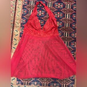 Victoria’s Secret Red Lace Halter Babydoll Lingerie Sheer Mesh Chemise Size S